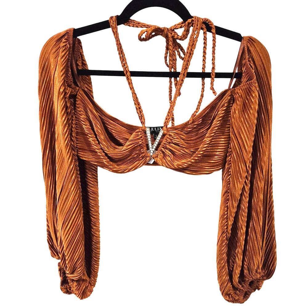 Julia Size Large Women's Brown Pleated Embellish Rhinestone V Puff Cropped Top